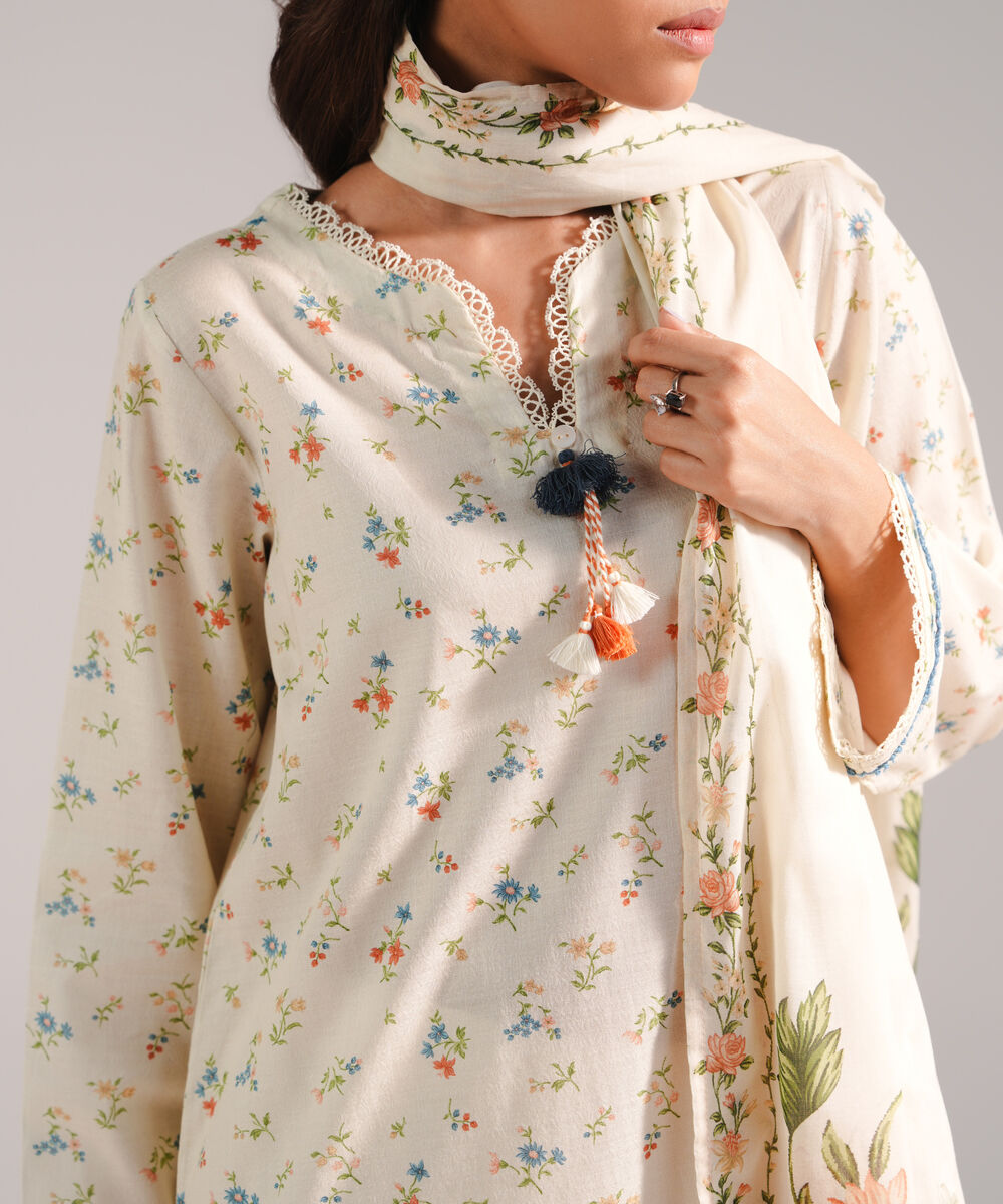 Women's RTW Dobby Printed Off White 2 Piece Suit