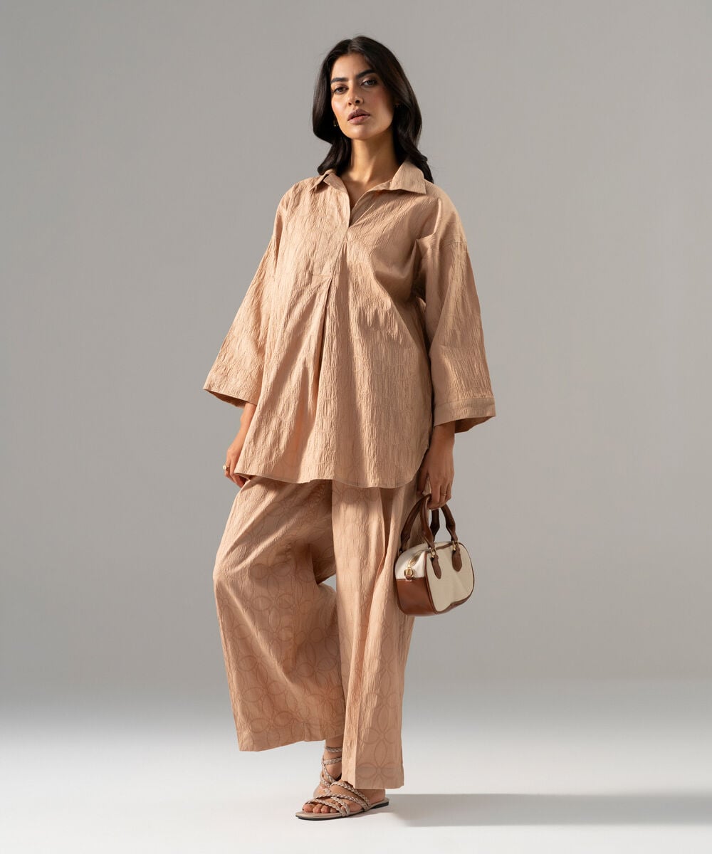 Women's RTW Textured Cotton Solid Beige 2 Piece Suit