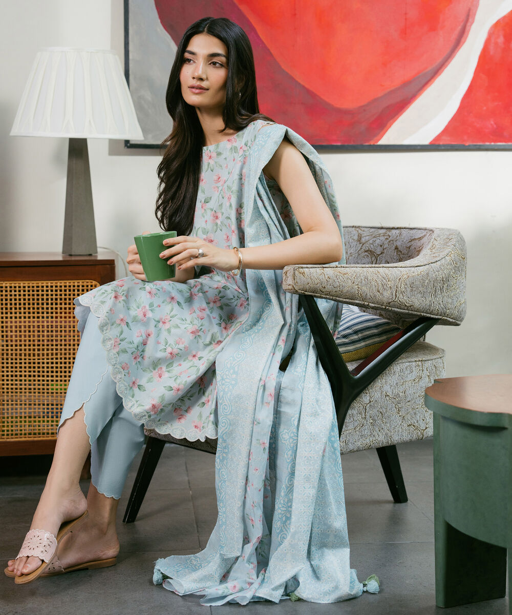 Women's Unstitched Zari Lawn Printed Blue
