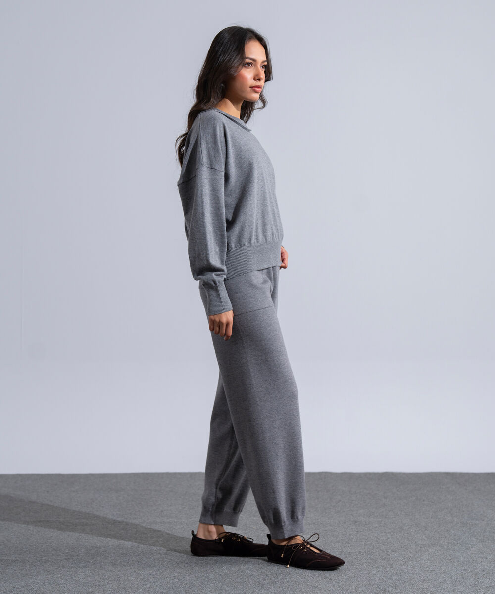 Women's Western Wear Grey Melange Round Neck Knit Jumper