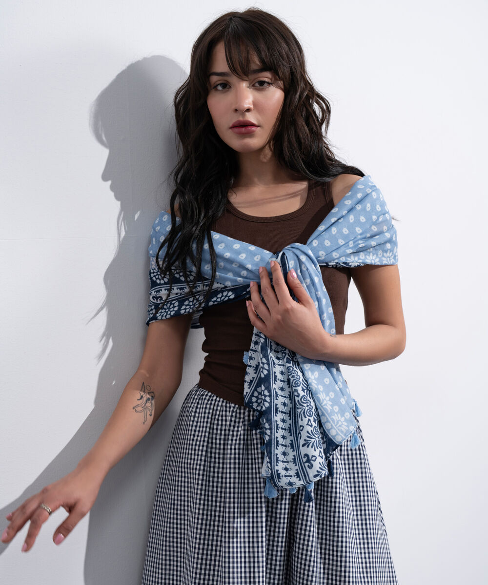 Women's Western Blue Printed Rectangular Scarf