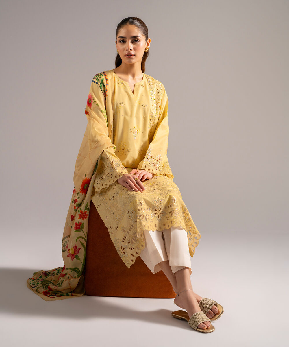 Women's RTW Zari Lawn Embroidered Pale Yellow 2 Piece Suit