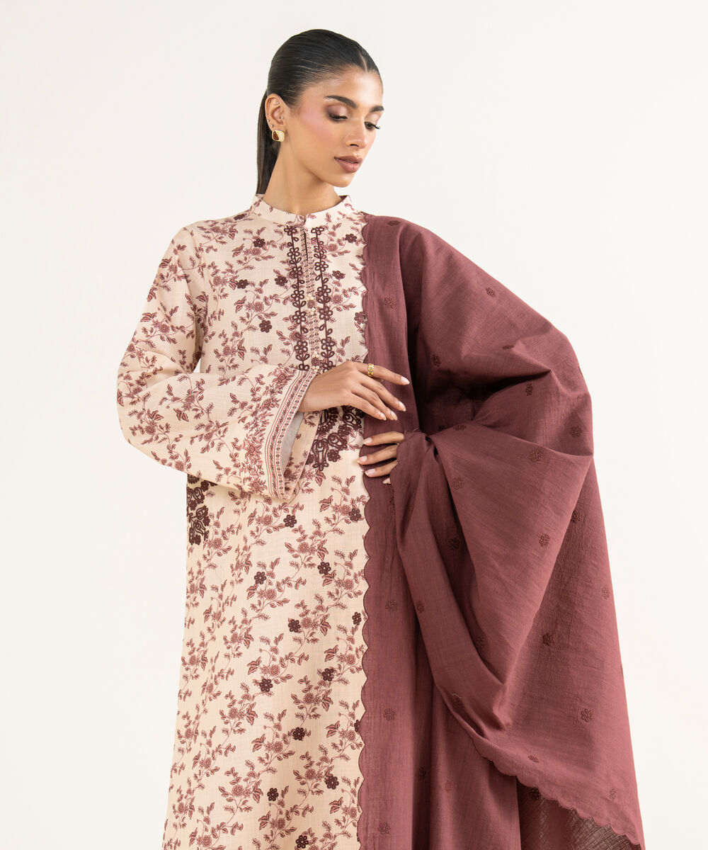 Women's Unstitched Textured Lawn Embroidered Red 3 Piece Suit