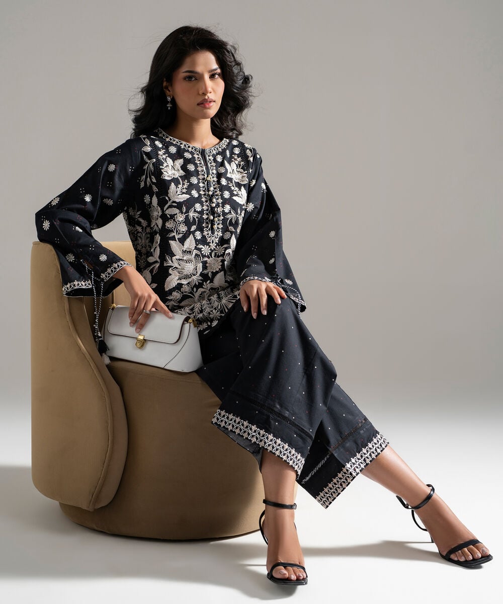 Women's RTW Lawn Embroidered Black 2 Piece Suit