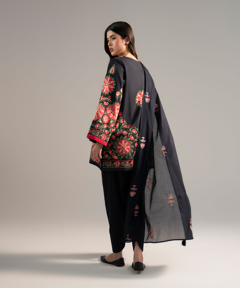 Women's RTW Lawn Printed Black 3 Piece Suit