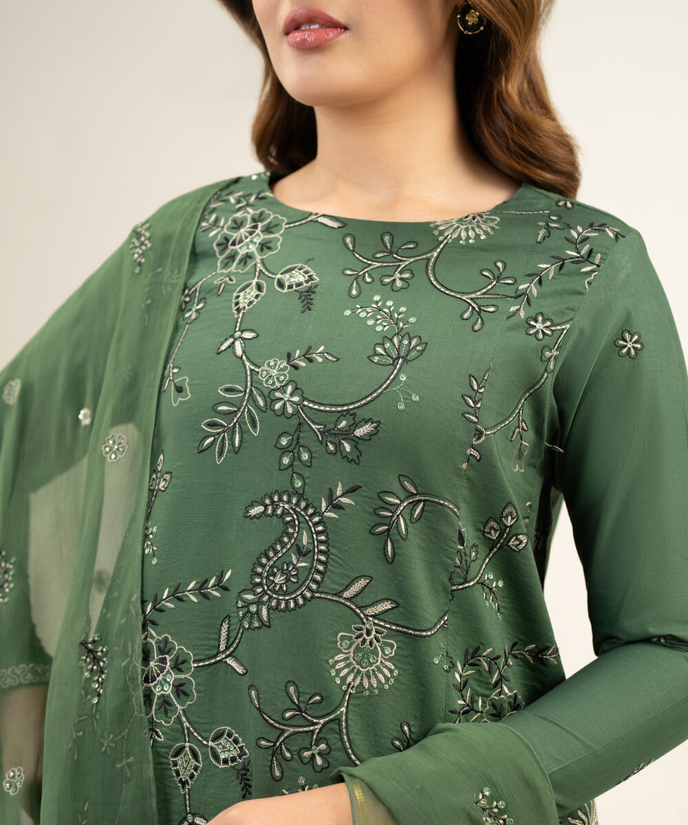 Women's Unstitched Textured Lawn Green Embroidered 3 Piece Suit