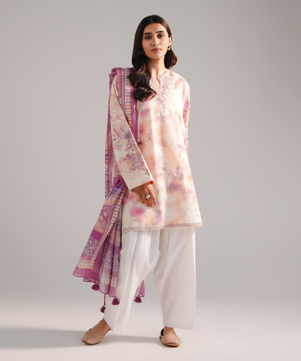 Women's RTW Cambric Embroidered Peach 3 Piece Suit