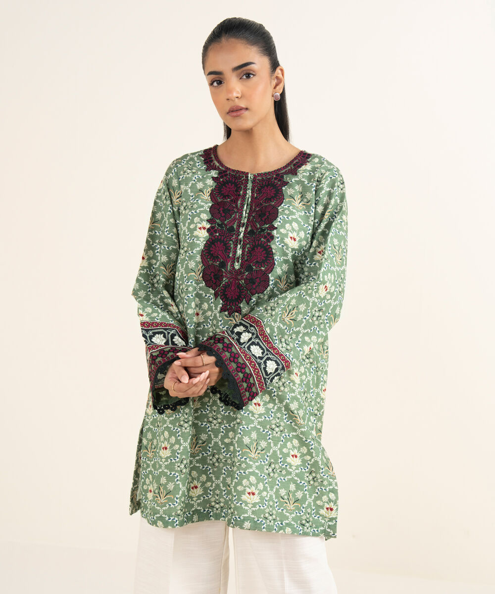 Women's RTW Cotton Embroidered Green Straight Shirt