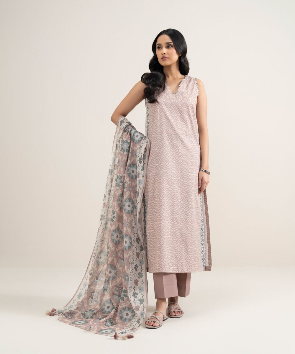 Women's Unstitched Lawn Printed Tea Pink and Off White 3 Piece Suit