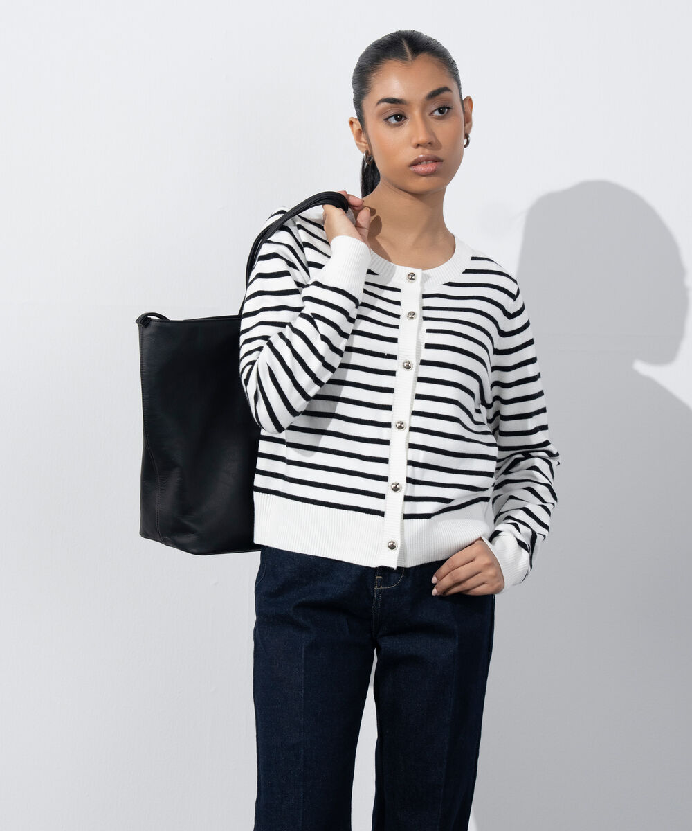 Women's Western Wear White & Black Striped Knit Cardigan