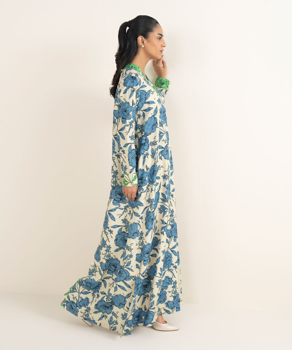 Women's RTW Herringbone Printed Blue Straight Shirt