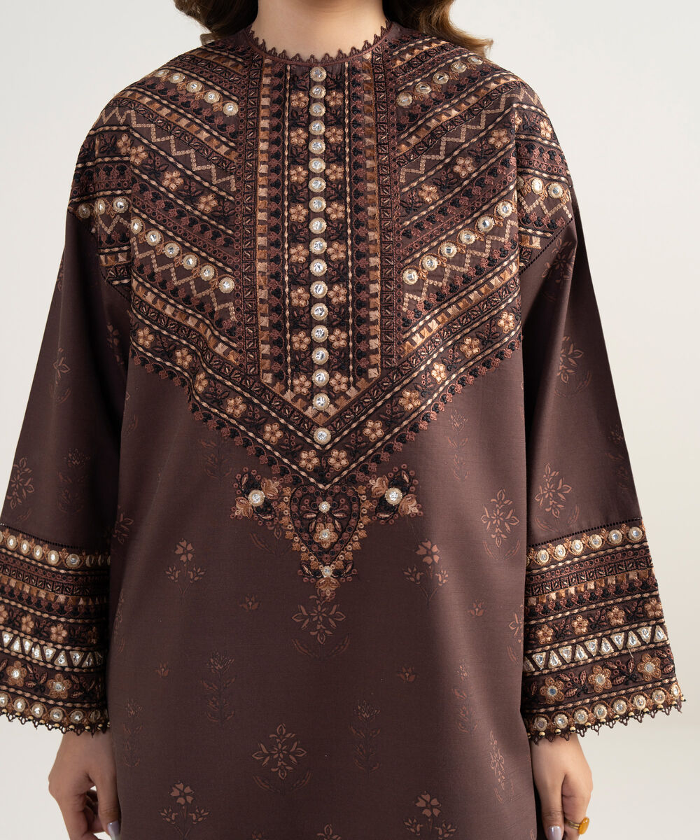 Women's Unstitched Lawn Embroidered Brown 3 Piece Suit