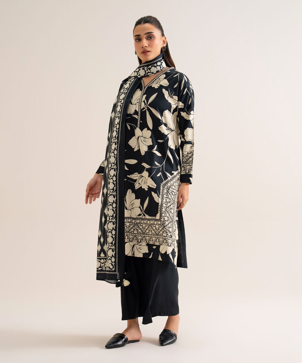 Women's Unstitched Viscose Linen Printed Black & Off White 3 Piece Suit