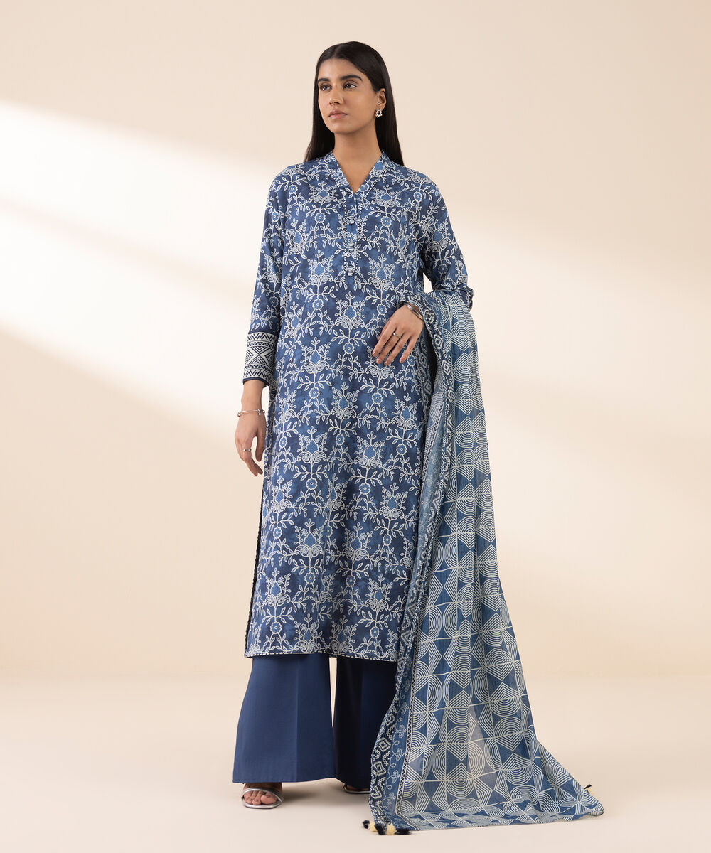 Women's Unstitched Lawn Printed Blue 3 Piece Suit
