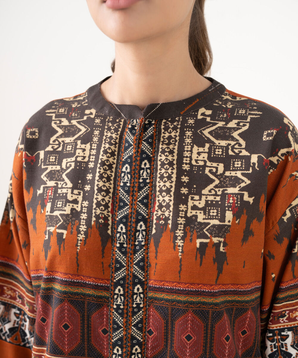 Women's RTW Cotton Embroidered Brown Drop Shoulder Shirt
