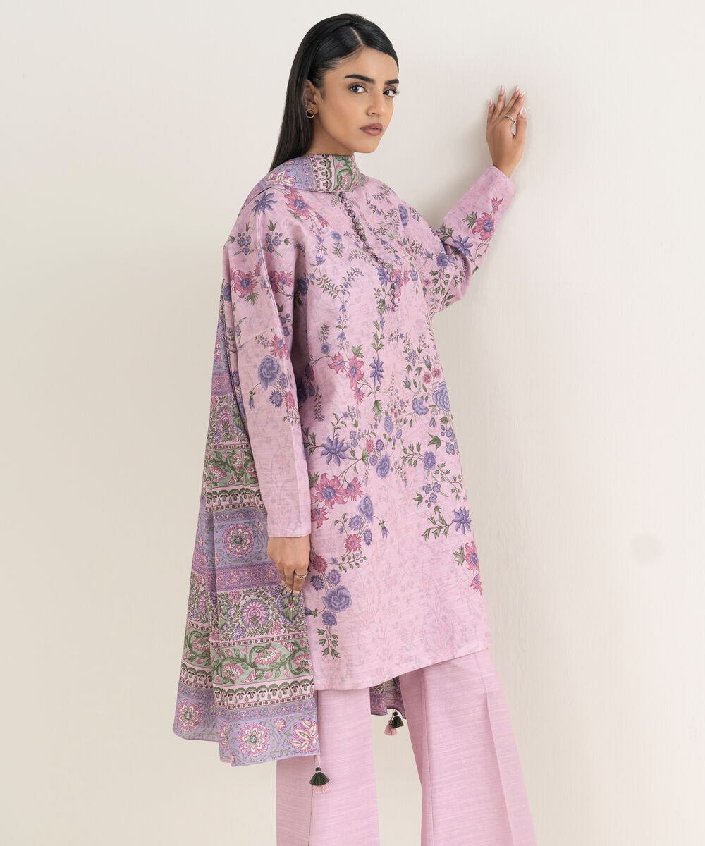 Women's Unstitched Printed Khaddar Purple 3 Piece Suit