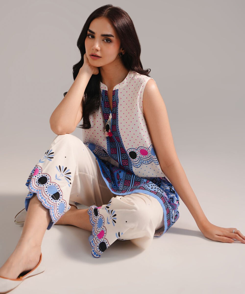 Women's RTW Cambric Printed Off White Straight Shirt