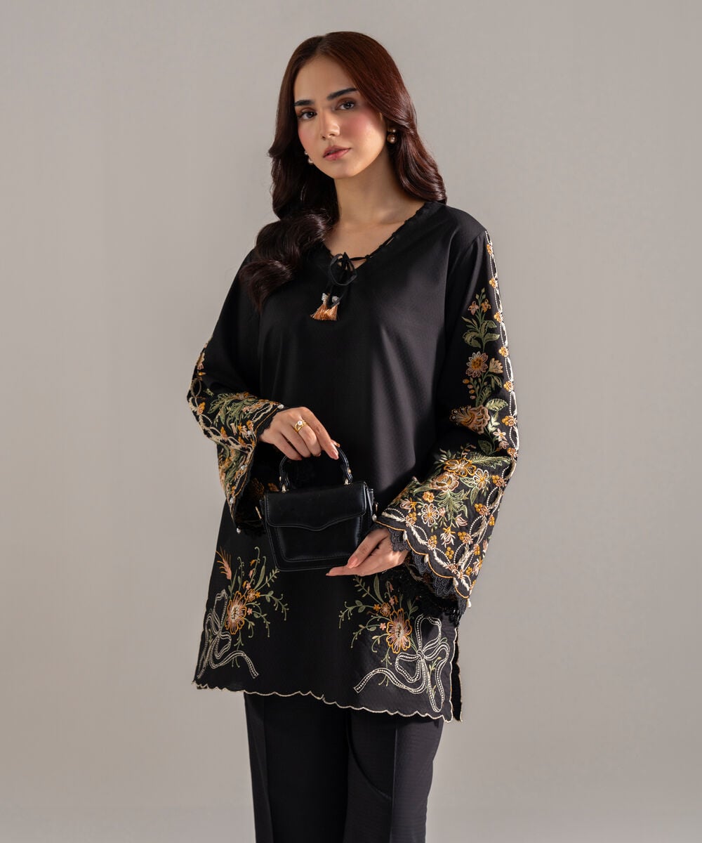 Women's RTW Dobby Solid Black Straight Shirt