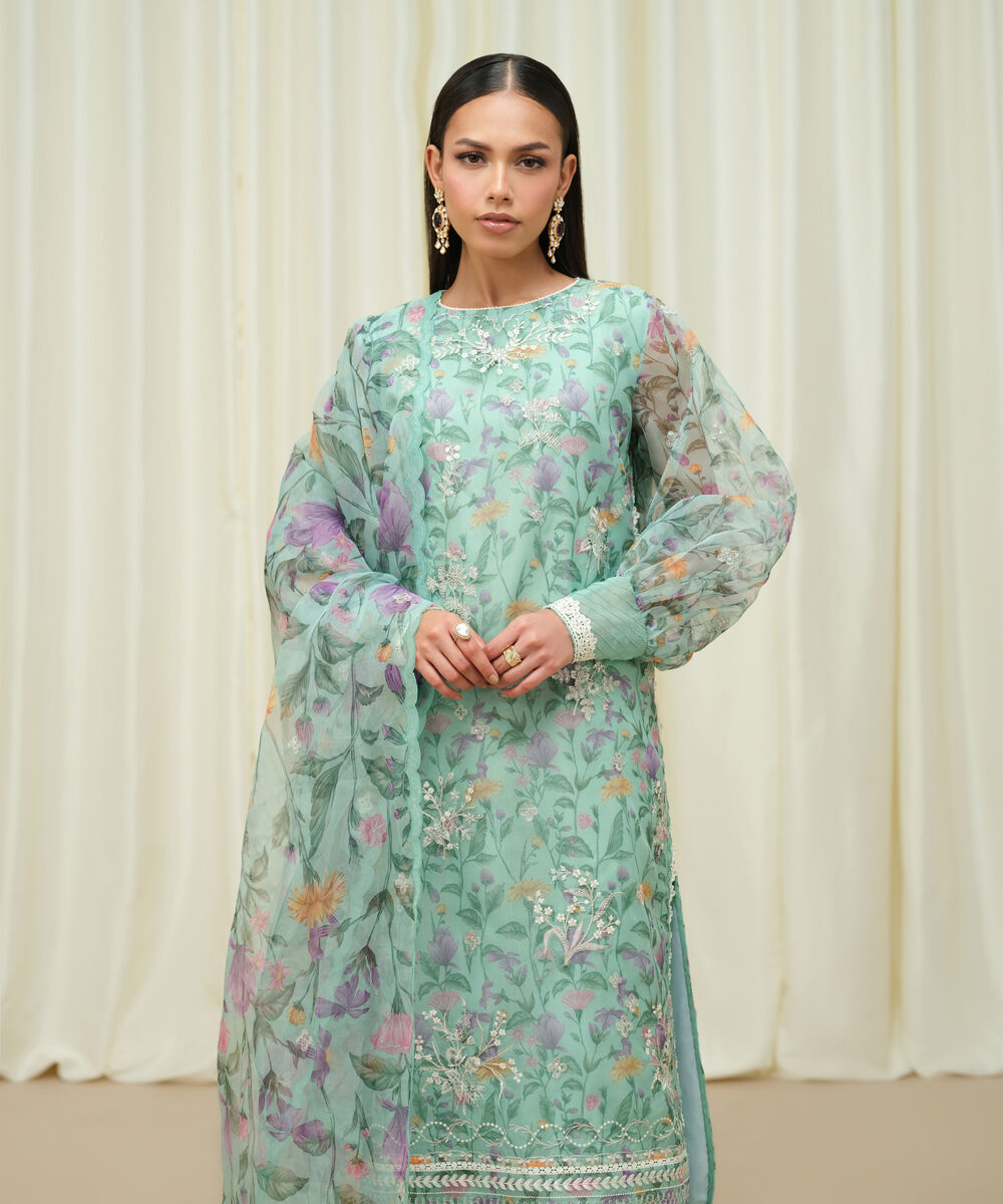 Women's Unstitched Blended Organza Embroidered Blue 3 Piece Suit