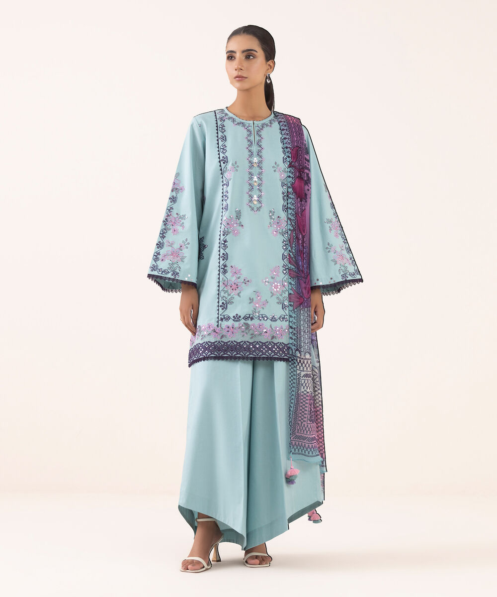 Women's Unstitched Cotton Embroidered Aqua Three Piece Suit