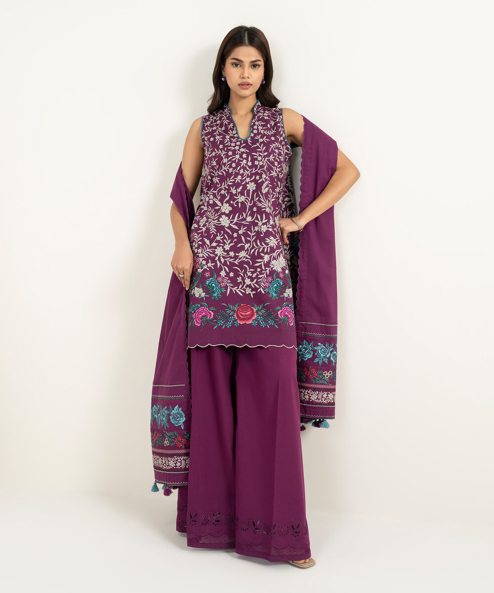 Women's Unstitched Lawn Embroidered Purple 3 Piece Suit
