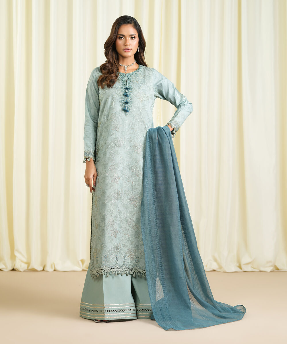 Women's Unstitched Cotton Jacquard Embroidered Blue 3 Piece Suit