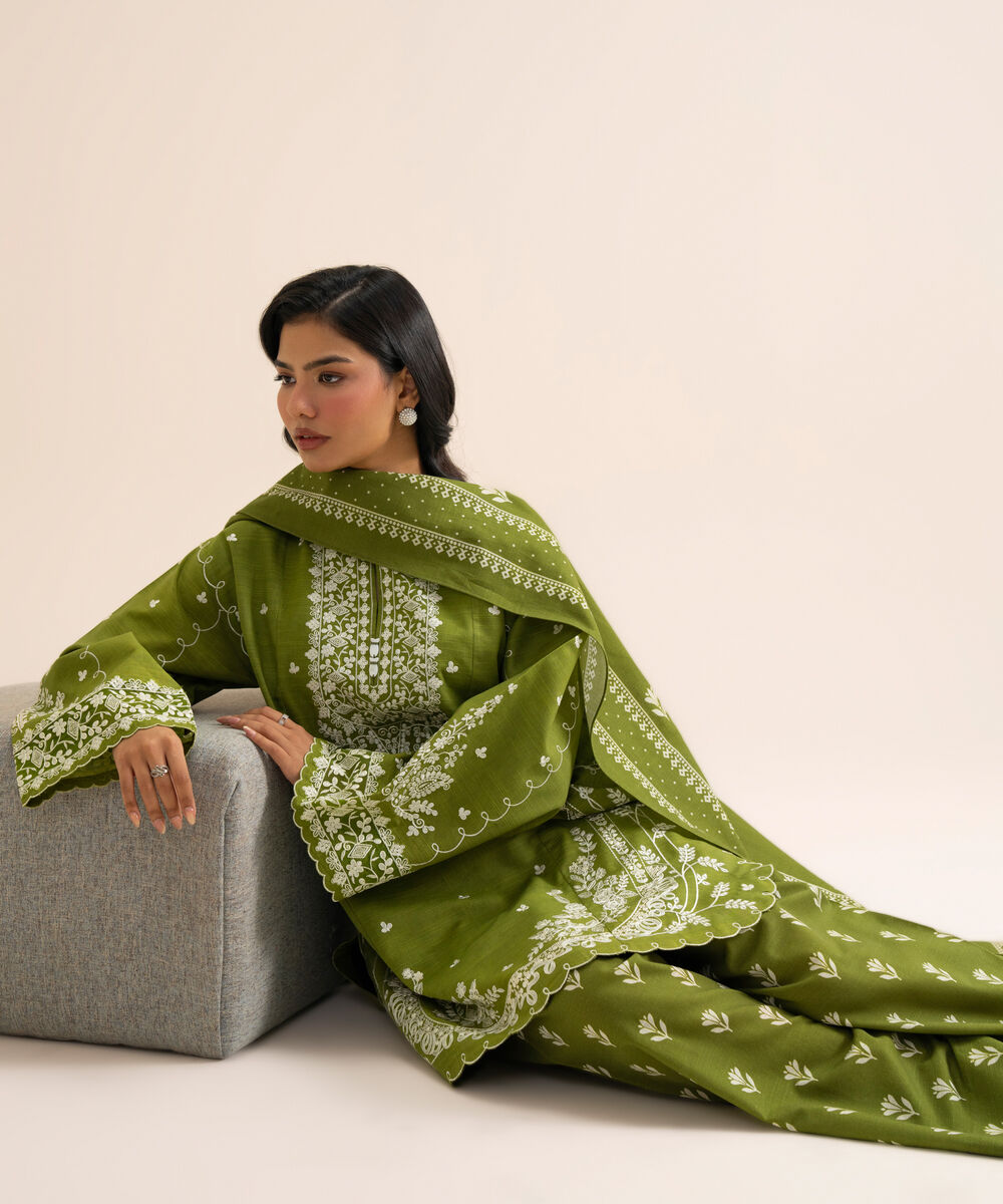 Women's Unstitched Light Khaddar Embroidered Olive Green 3 Piece Suit