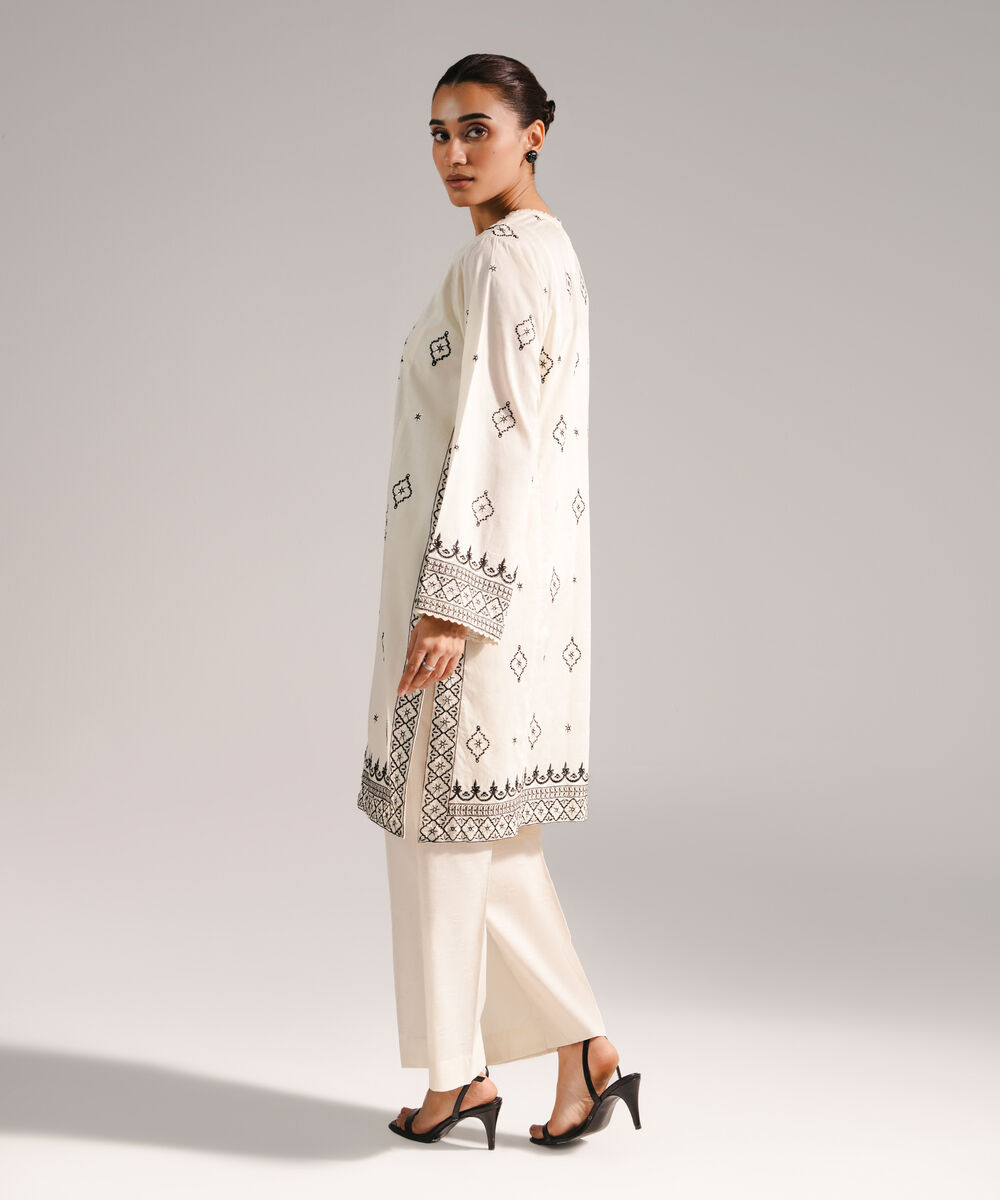 Women's RTW Self Jacquard Embroidered Off White 2 Piece Suit