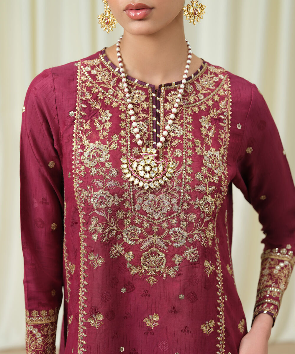 Women's Unstitched Embroidered Viscose Jacquard Plum 3 Piece Suit