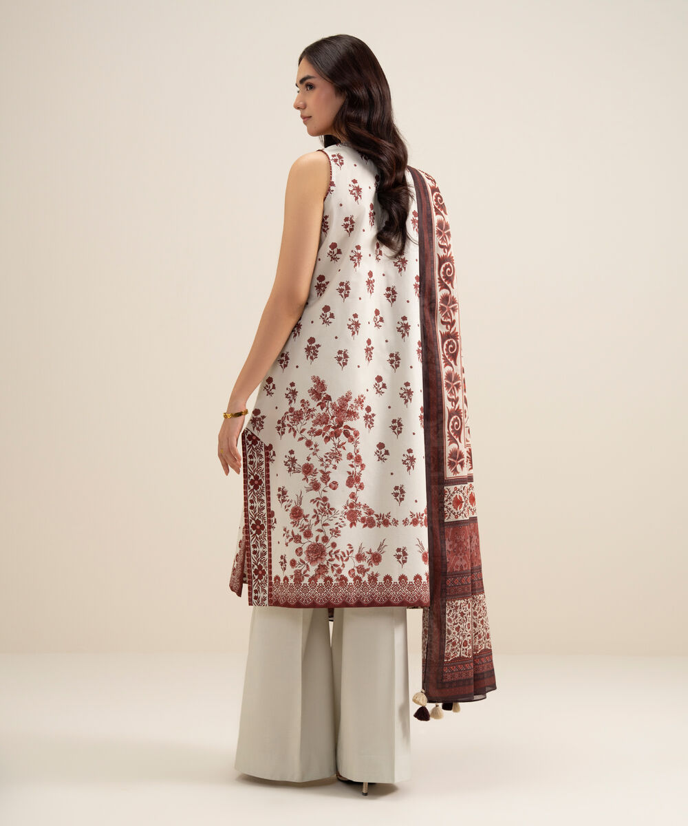Women's Unstitched Lawn Embroidered Off White and Red 3 Piece Suit