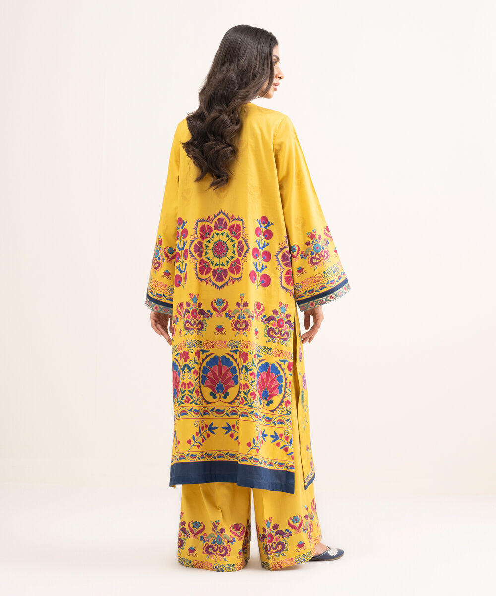 Women's RTW Cotton Satin Embroidered Yellow Straight Shirt