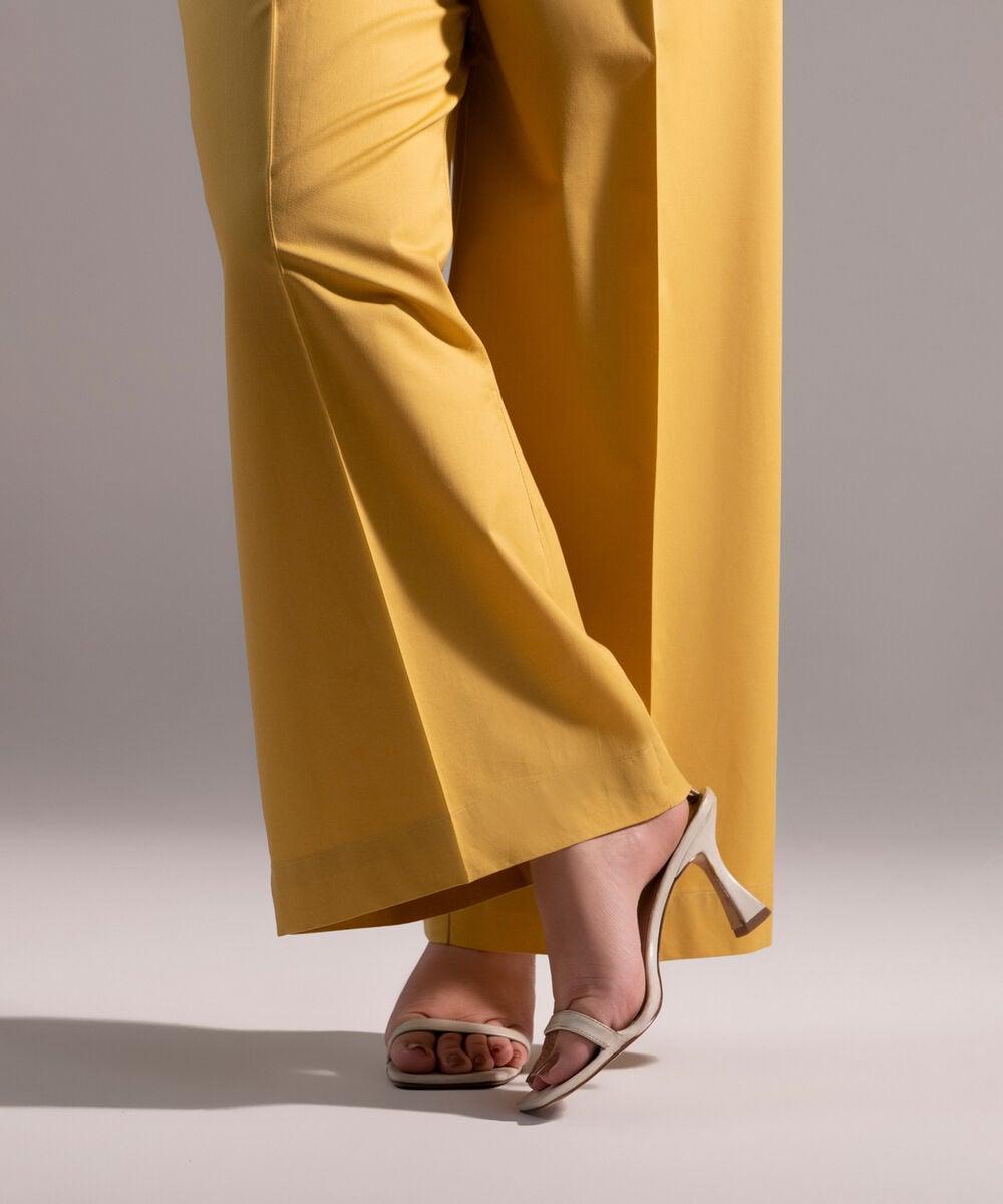 Women's RTW Cambric Solid Yellow Flared Pants