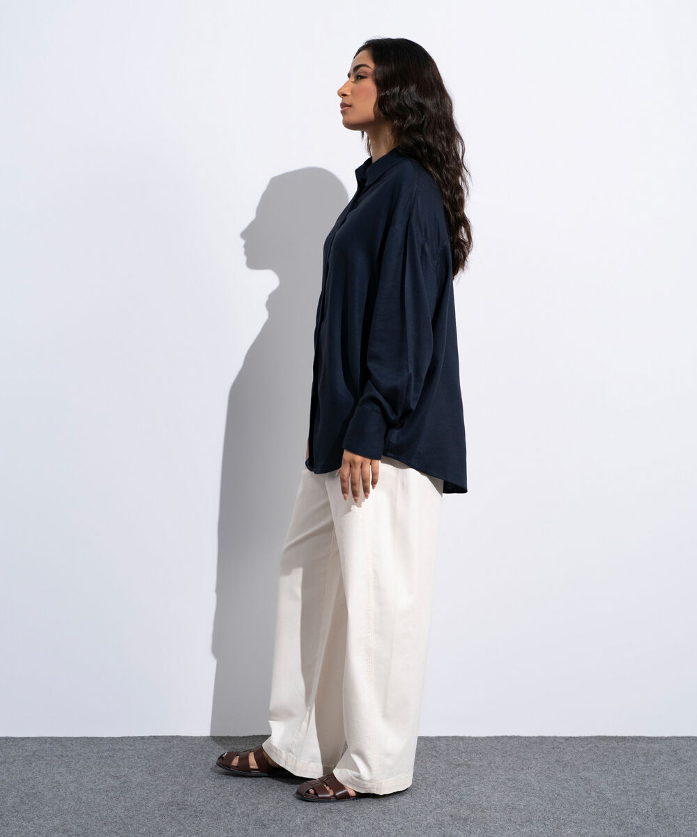 Women's Navy Linen Blend Button Through  Shirt
