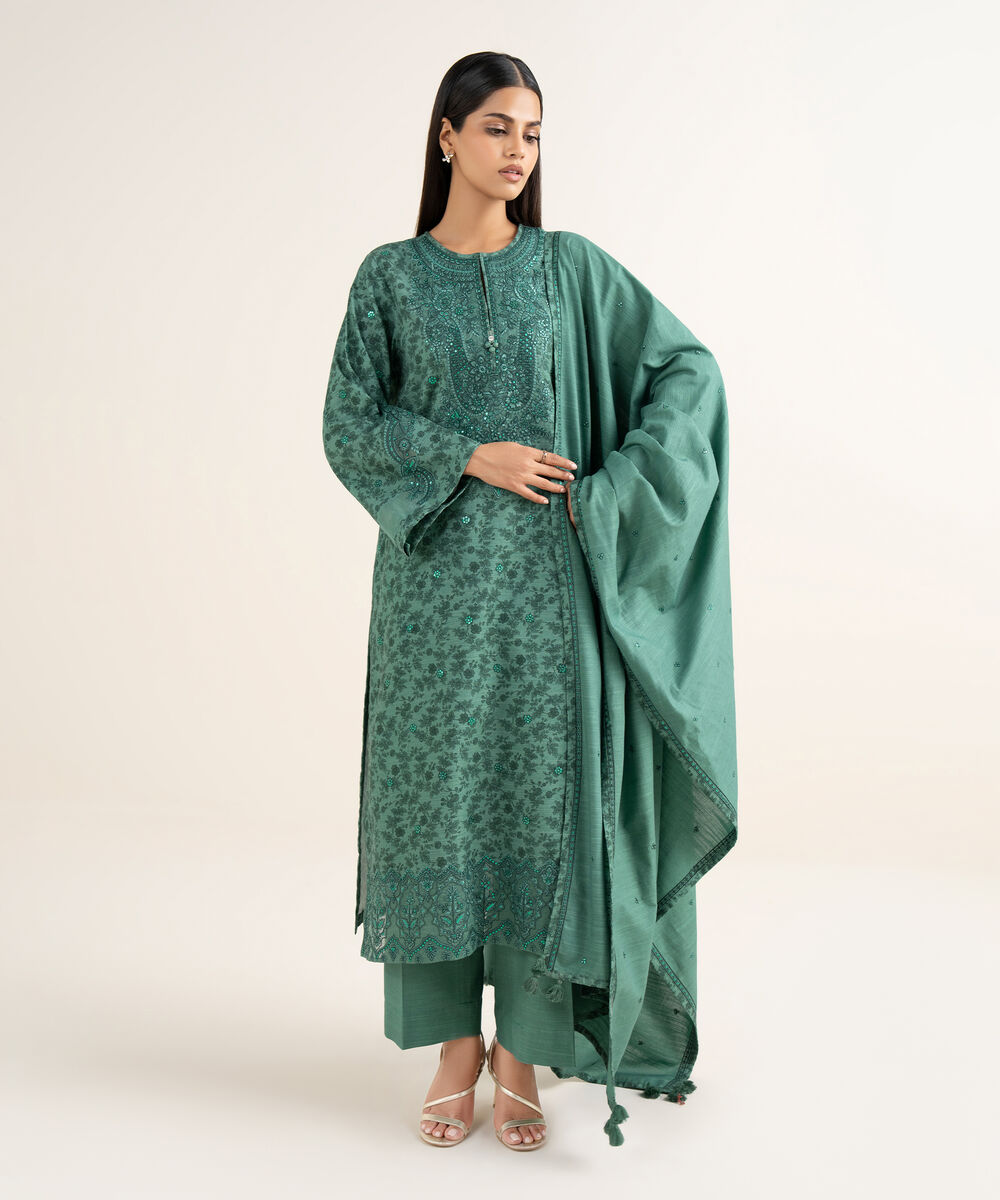 Women's Unstitched Khaddar Embroidered Green 3 Piece Suit