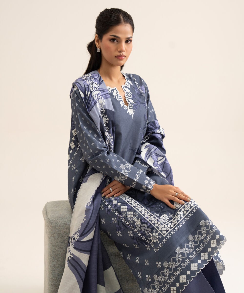 Women's Unstitched Light Khaddar Printed Blue 3 Piece Suit