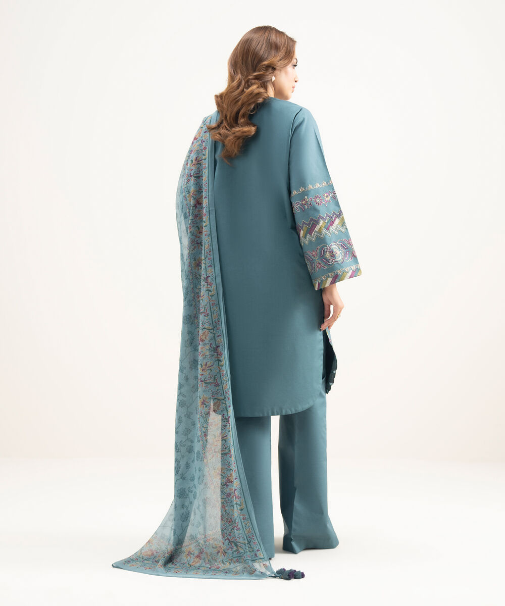 Women's Unstitched Lawn Embroidered Blue  3 Piece Suit