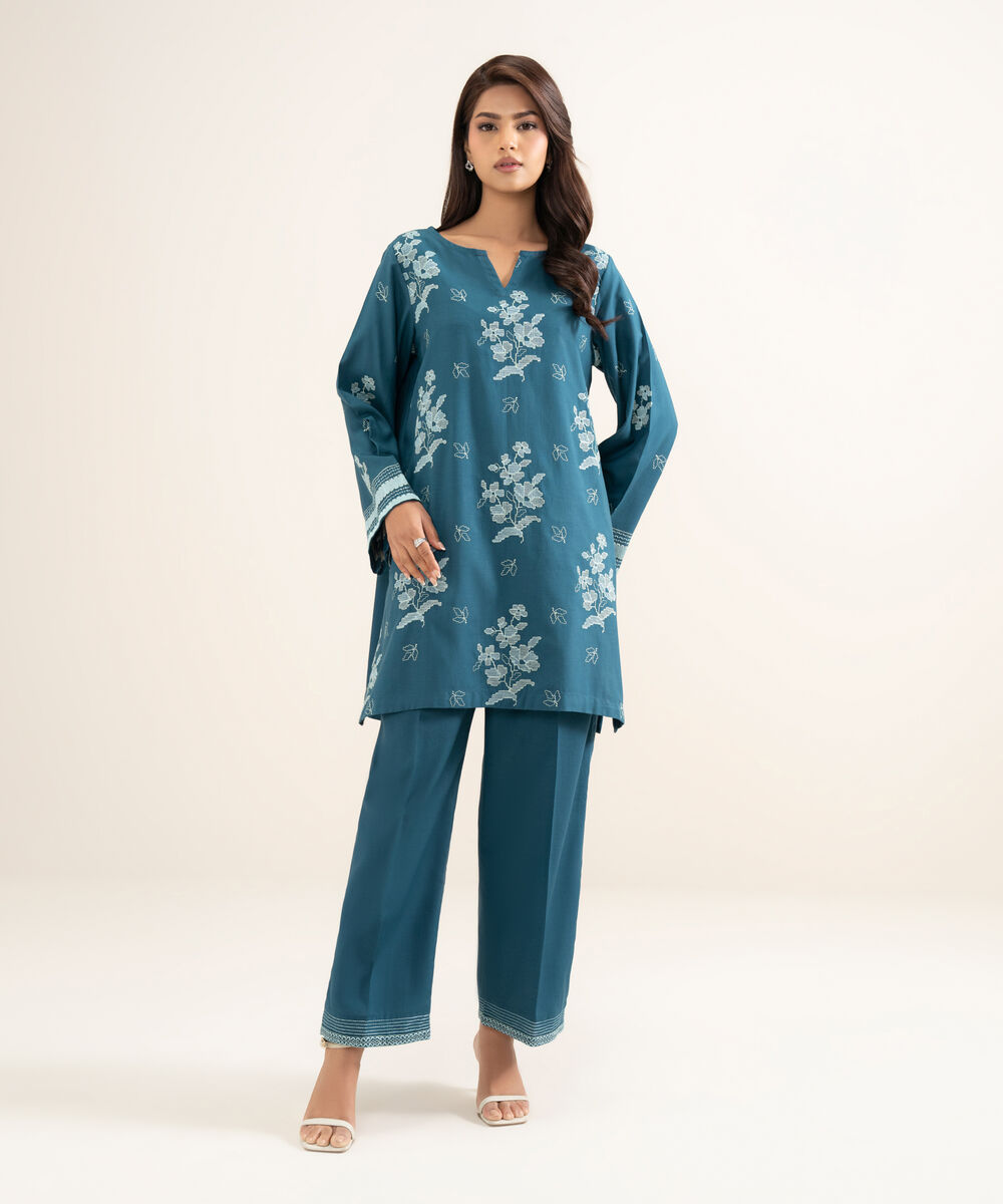 Women's RTW Cotton Viscose Embroidered Blue Straight Shirt