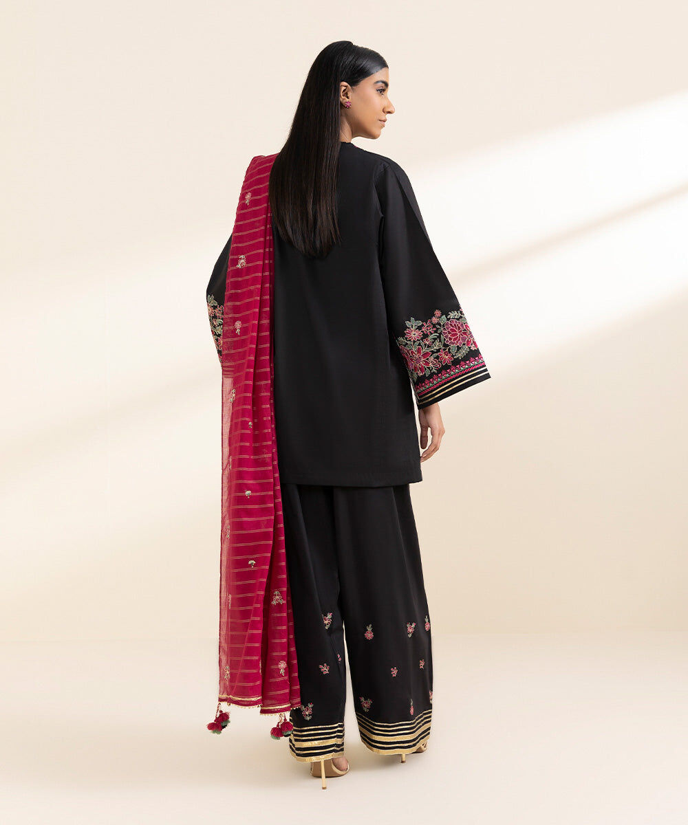 Woman - Black 3 Piece - Embroidered Cotton Suit