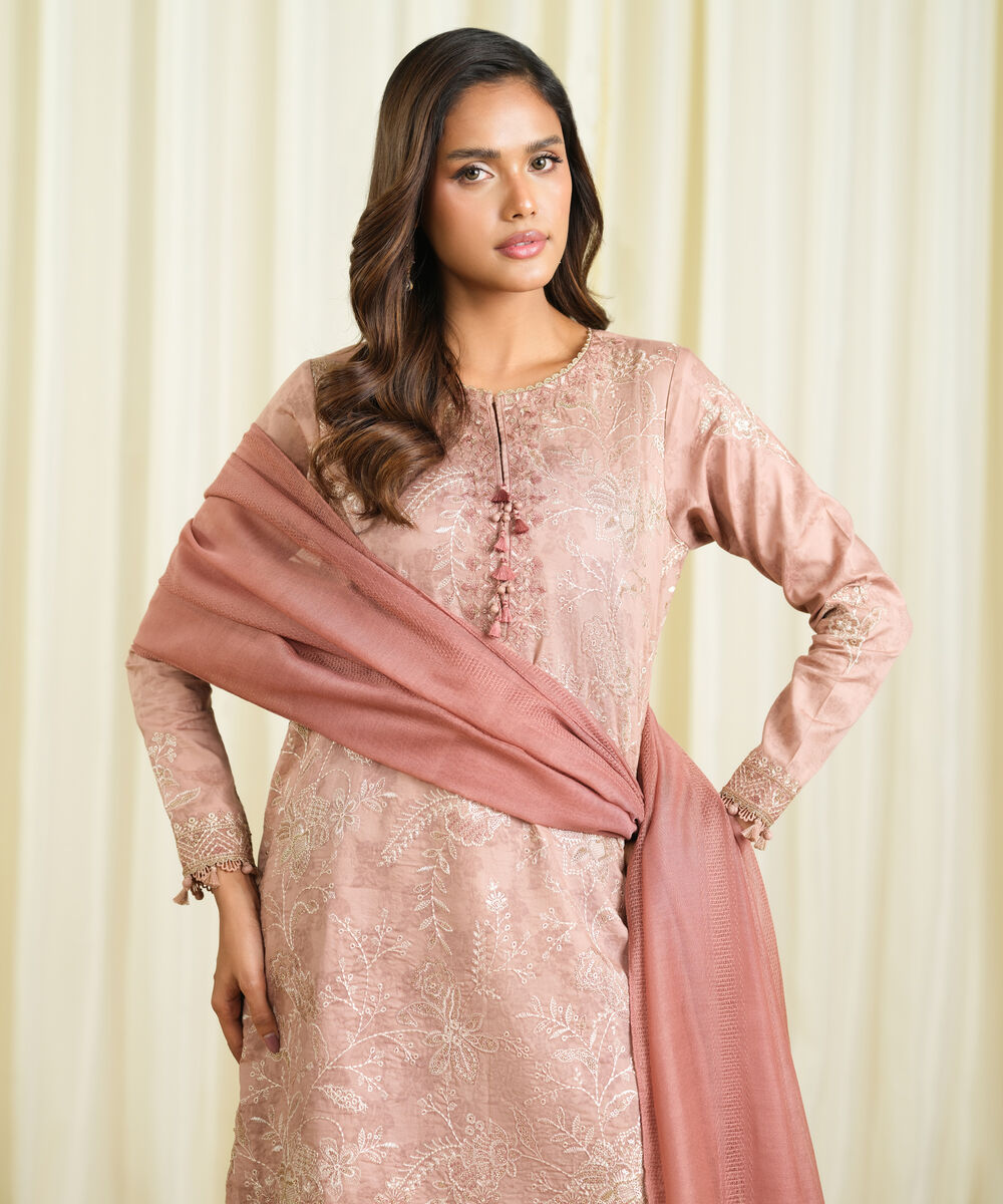 Women's Unstitched Cotton Jacquard Embroidered Pink 3 Piece Suit