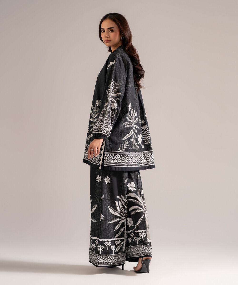 Women's RTW Slub Lawn Printed Black Drop Shoulder Shirt