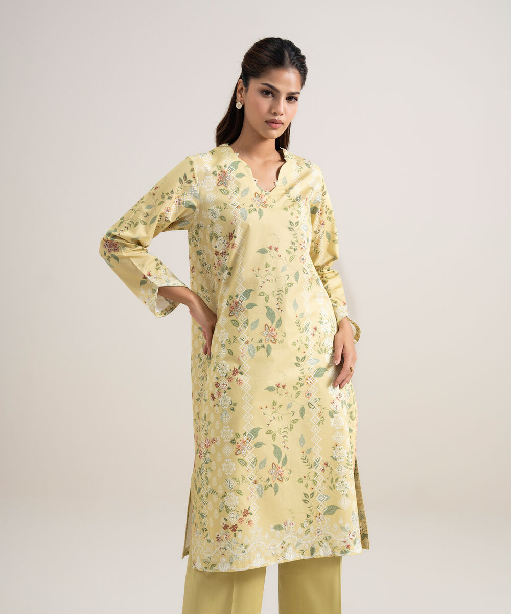 Women's Unstitched Lawn Printed Light Yellow 2 Piece Suit