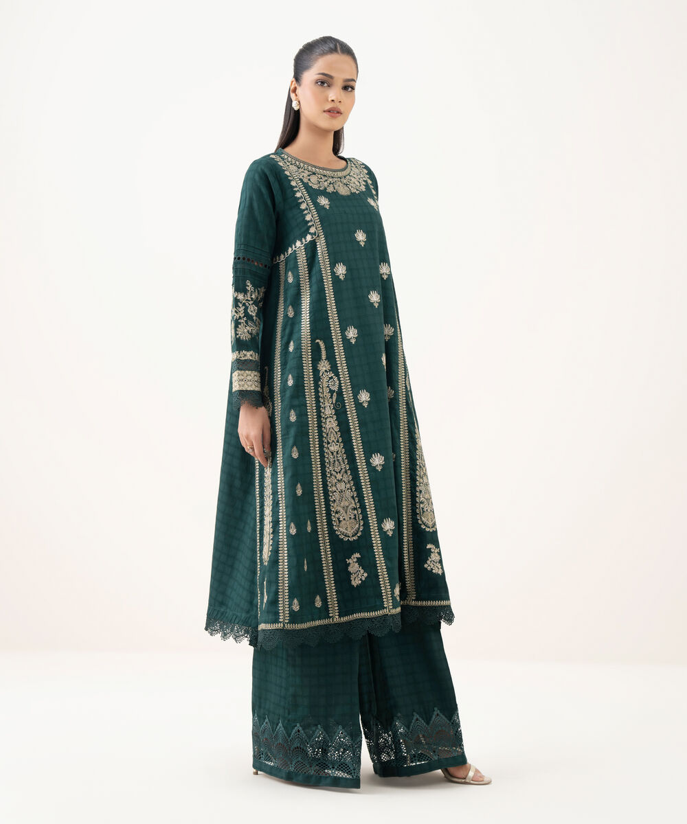 Women's RTW Textured Cotton Green Embroidered A-Line Shirt