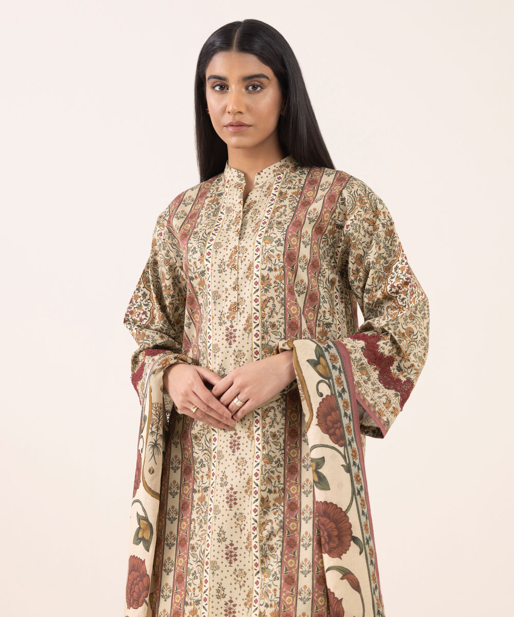 Women's Unstitched Cotton Printed Beige 3 Piece Suit