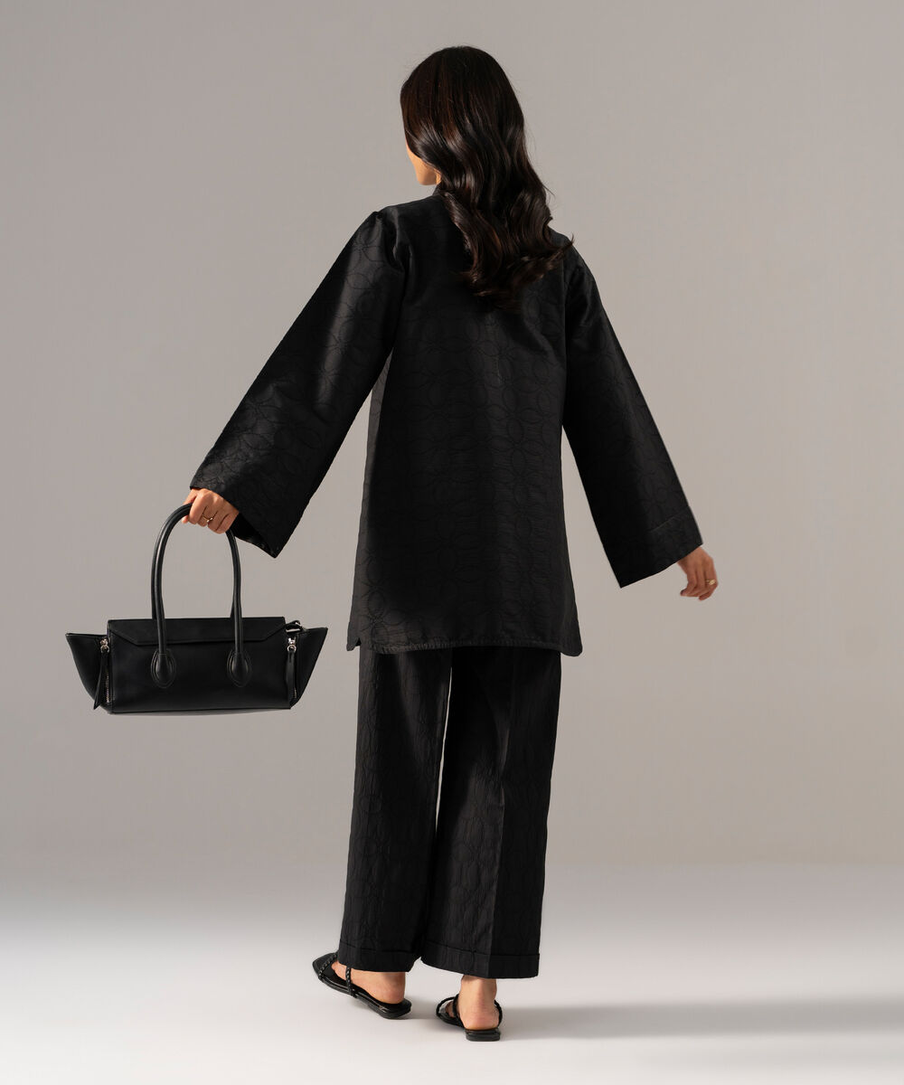 Women's RTW Textured Cotton Solid Black 2 Piece Suit
