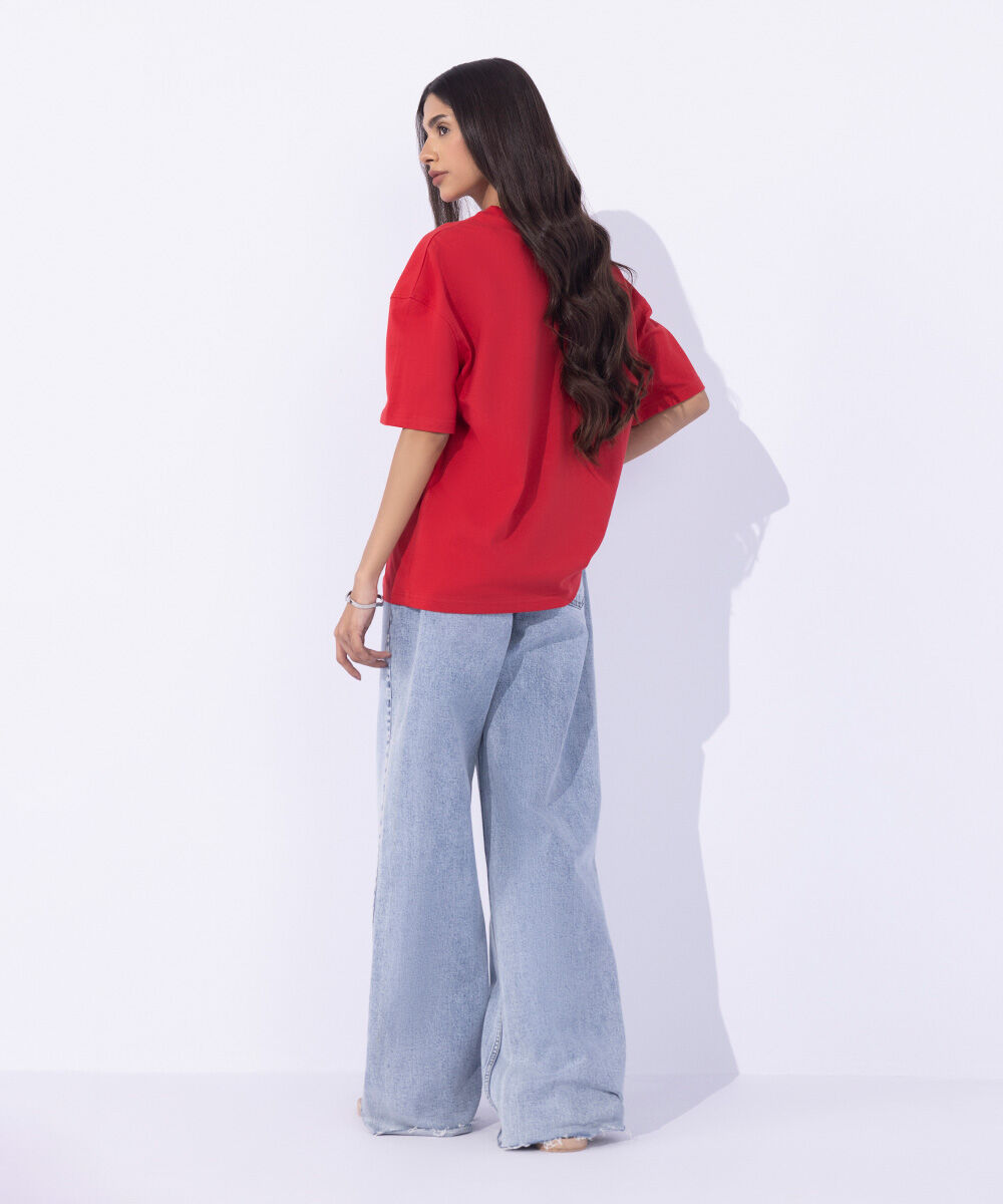 Women's Western Wear Red Loose Fit Graphic T-Shirt