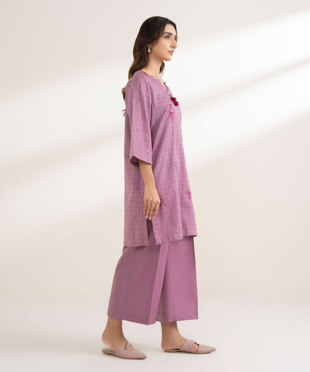 Women's RTW Textured Cotton Embroidered Straight Lilac Shirt