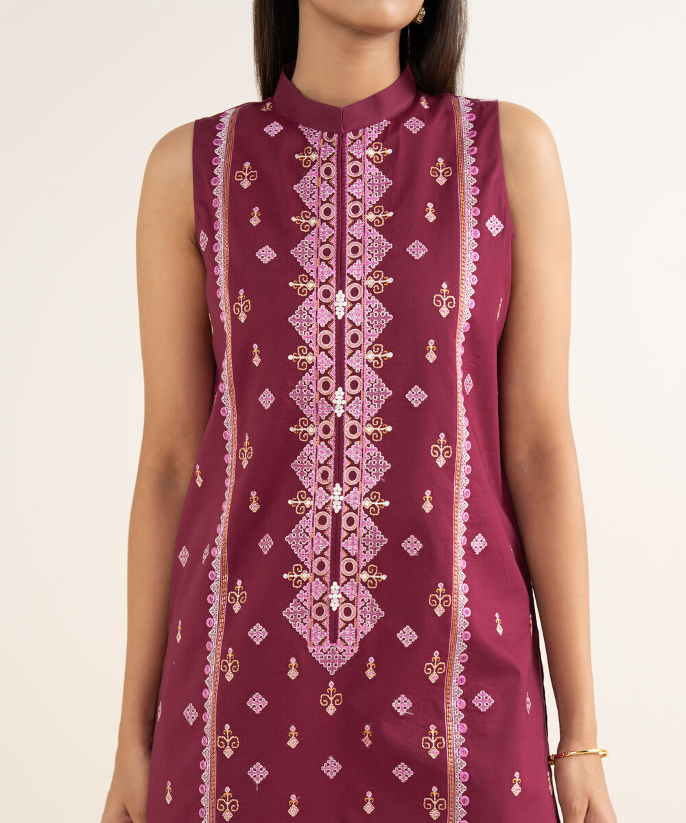 Women's Unstitched Embroidered Cotton Red 3 Piece Suit