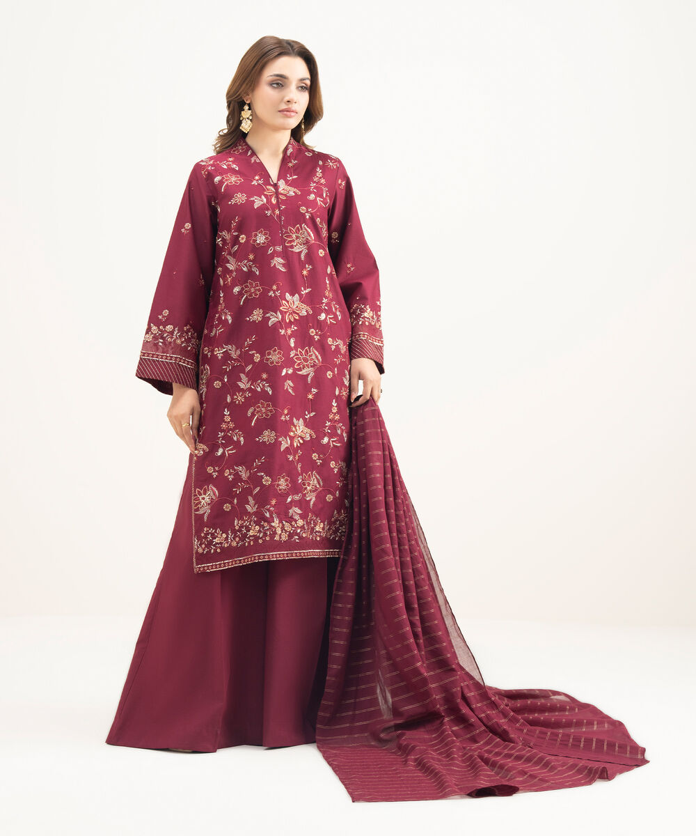 Women's Unstitched Lawn Embroidered Red 3 Piece Suit