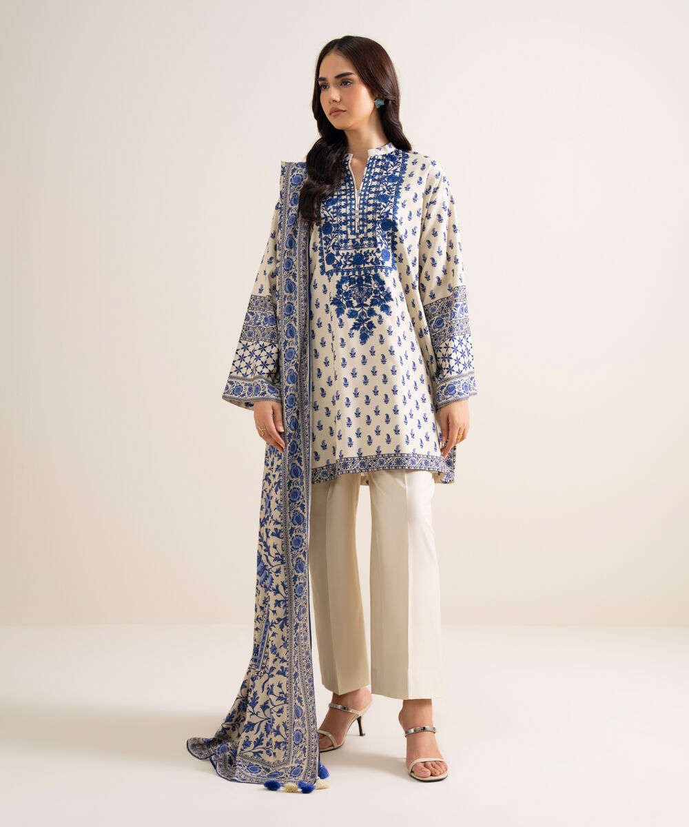 Women's Unstitched Embroidered Linen Offwhite 3 Piece Suit