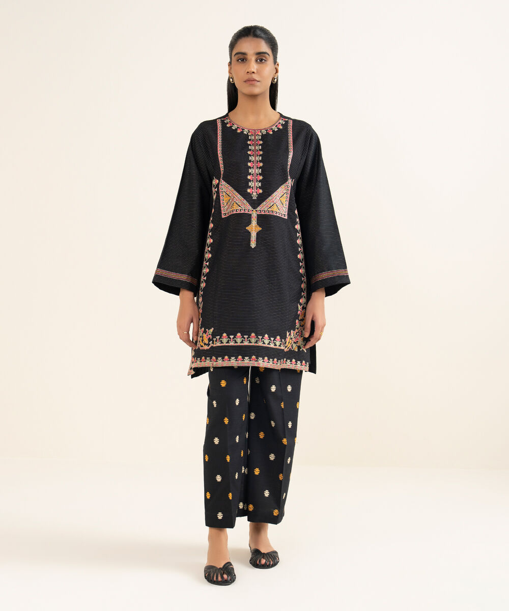 Women's RTW Fancy Textured Slub Embroidered Black Boxy Shirt